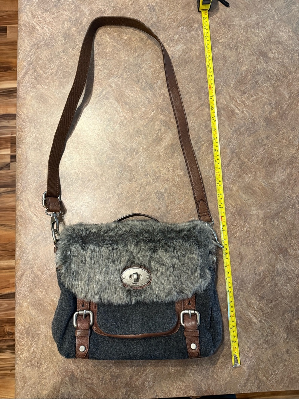 Fossil Faux Fur Trim Gray Crossbody Bag with Brown Accents